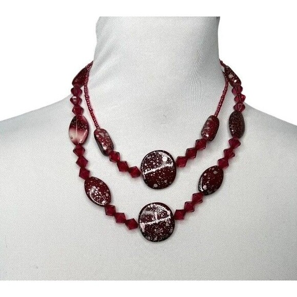 Red Double Strand Necklace Seed Bead Speckled Round Beaded 16” Lobster Claw - Picture 1 of 8
